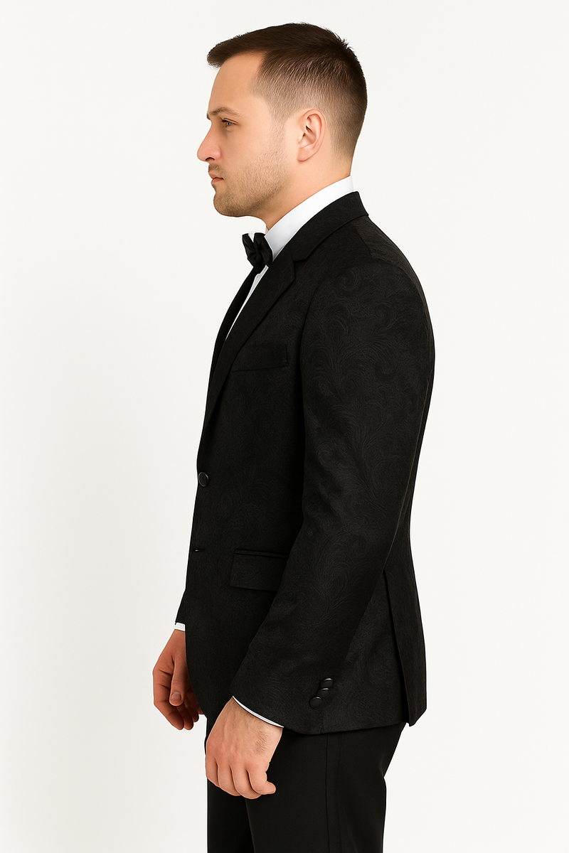 Men's Shiny 2 Buttons Notch Collar Floral Paisley Formal Black Blazer