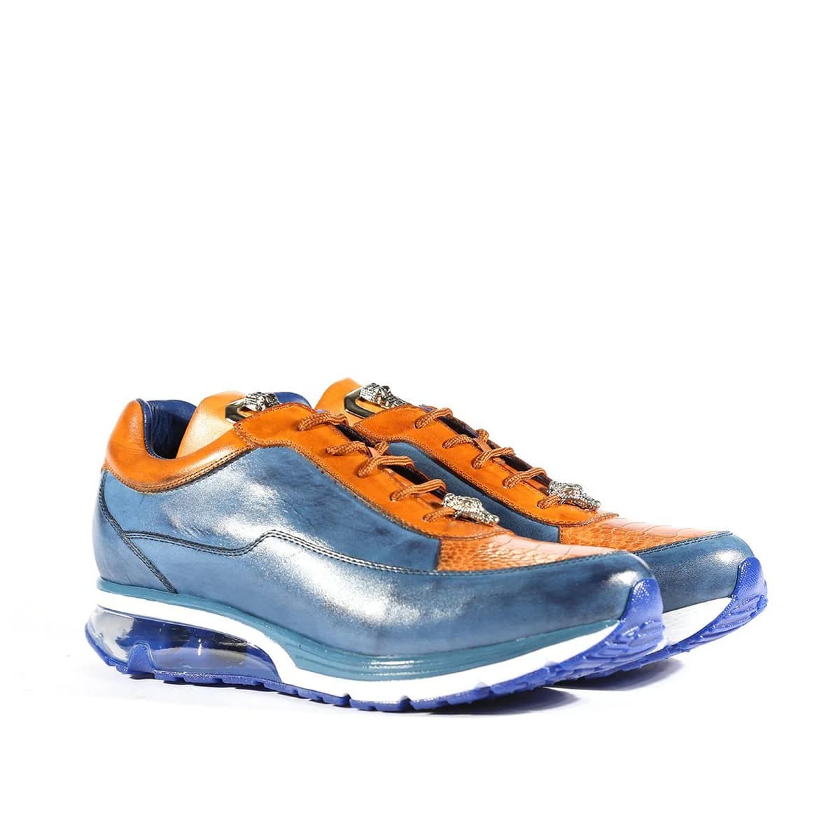 Belvedere Flash Men's Shoes Blue Safari & Almond Exotic Ostrich / Calf-skin Leather Casual Sneakers