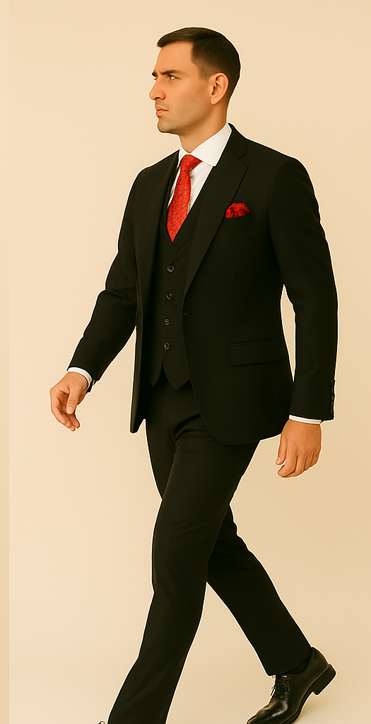 Rossi Man Men's Slim Fit Black Suit – Double-Breasted Vest, Elegant Formalwear