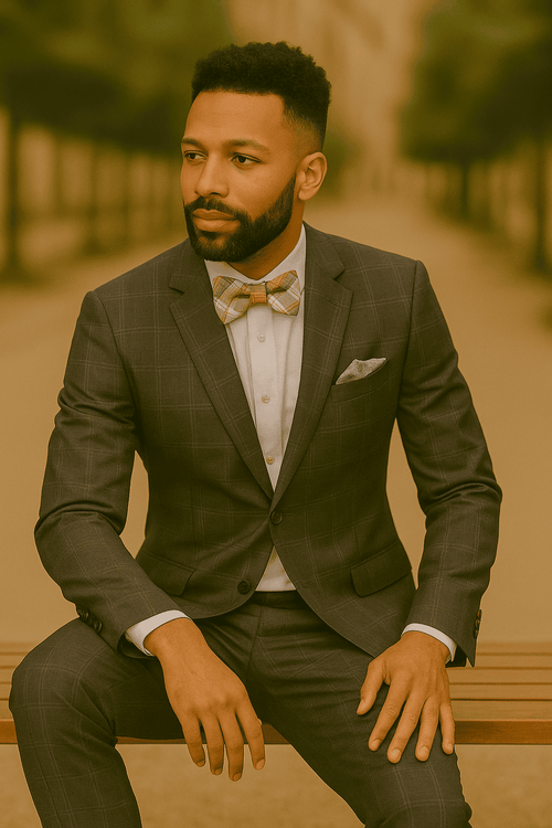 Men’s Slim Fit Charcoal Plaid Suit by Rossiman Rossi – 1-Button Jacket & Tapered Pants