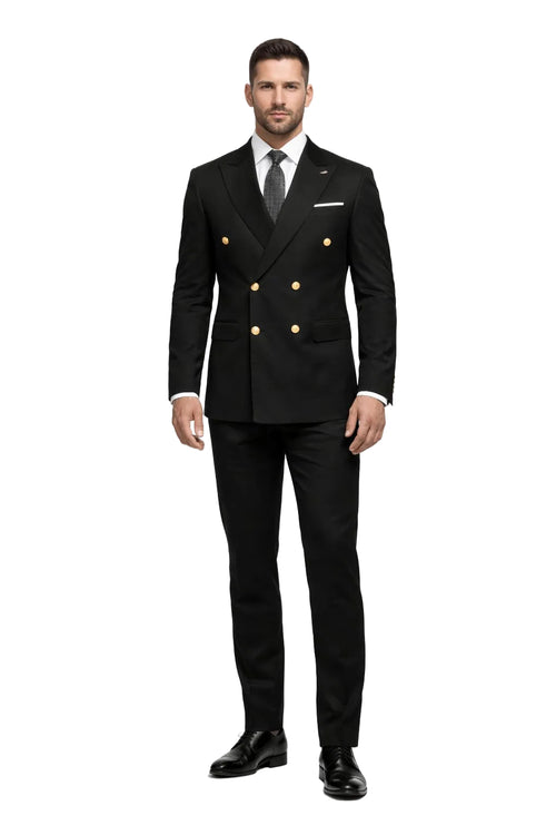 Men's Designer Modern Fit Double Breasted Wool Suit with Gold Buttons in Black