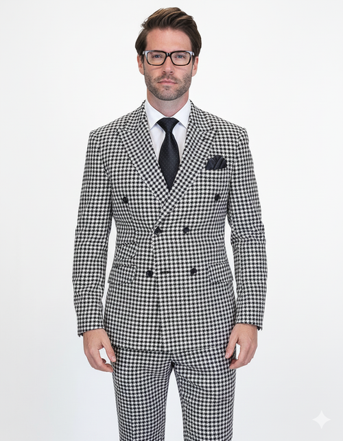 Double Breasted Suits - Vested Suits Wool Fabric - Black Houndstooth Suit