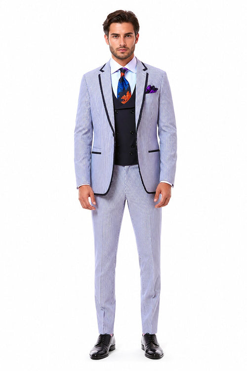 Men's One Button Vested Fashion Seersucker Suit with Double Breasted Vest in Blue