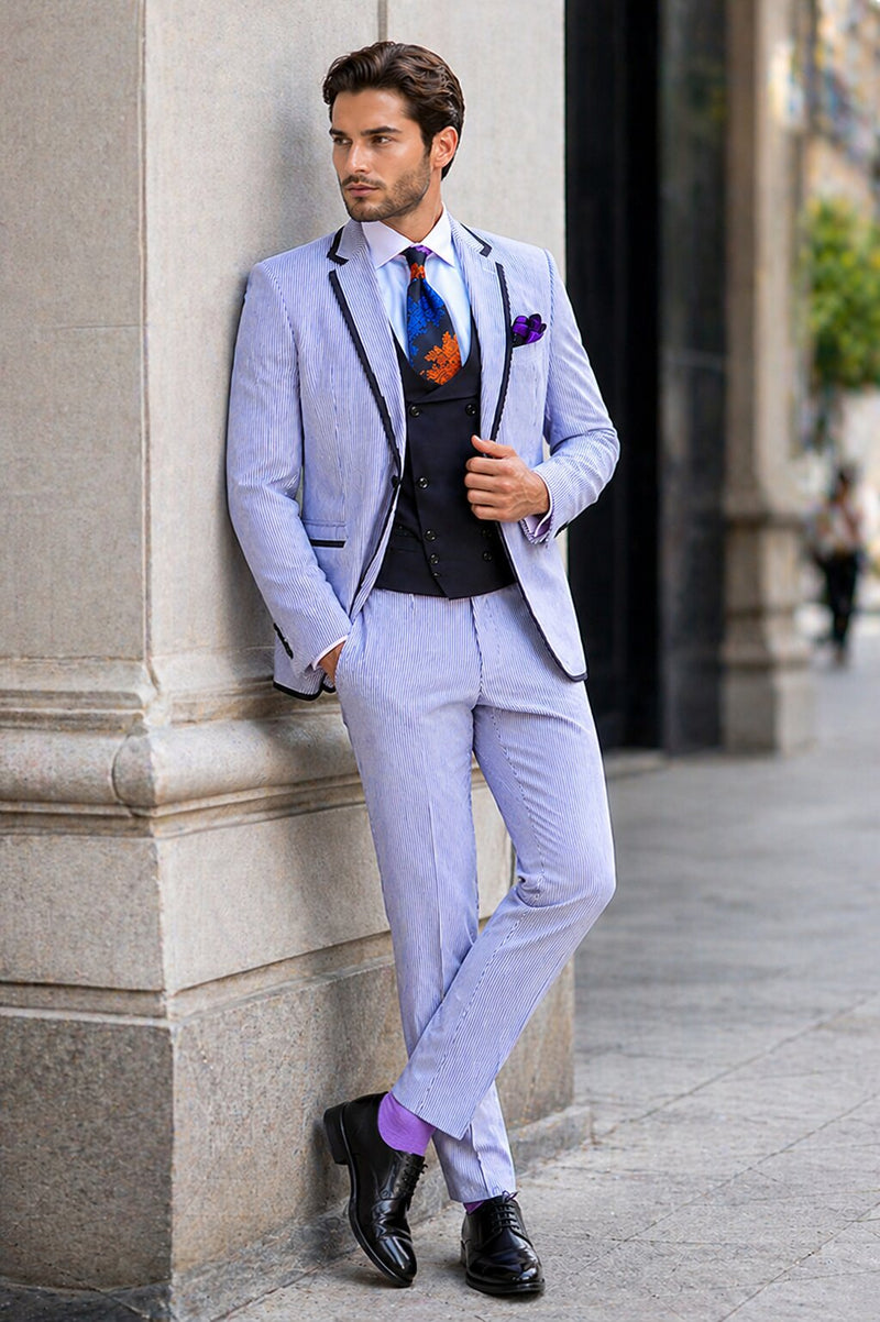 Men's One Button Vested Fashion Seersucker Suit with Double Breasted Vest in Blue
