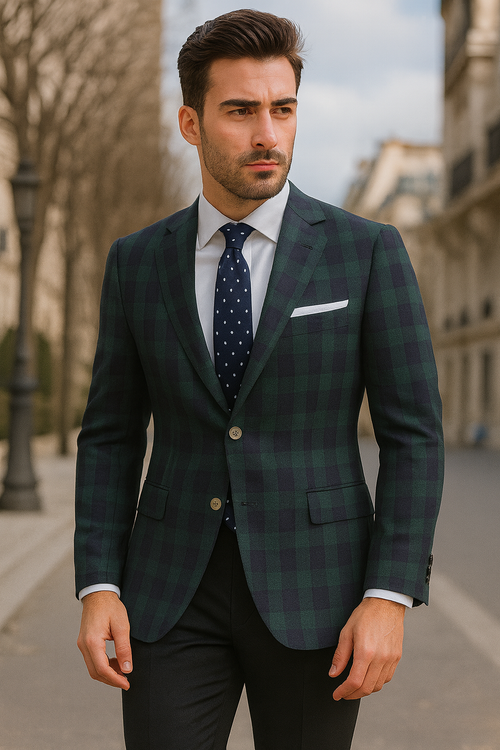 Mens Green Color Plaid Blazer