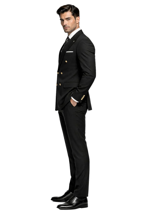 Men's Designer Modern Fit Double Breasted Wool Suit with Gold Buttons in Black