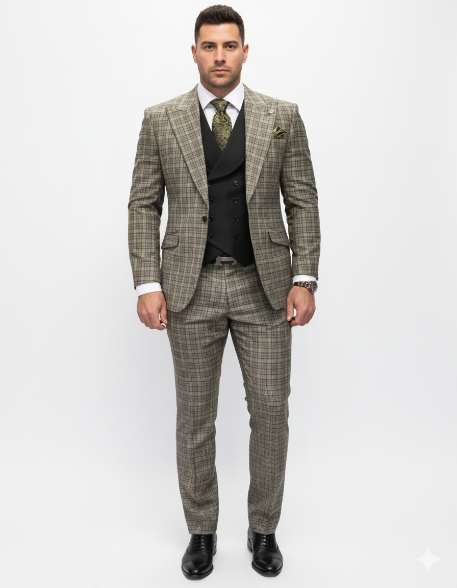 Statement Suits - Wool Suits - Peak Lapel Suits - Ticket Pocket - Modern Fit - Olive Suit