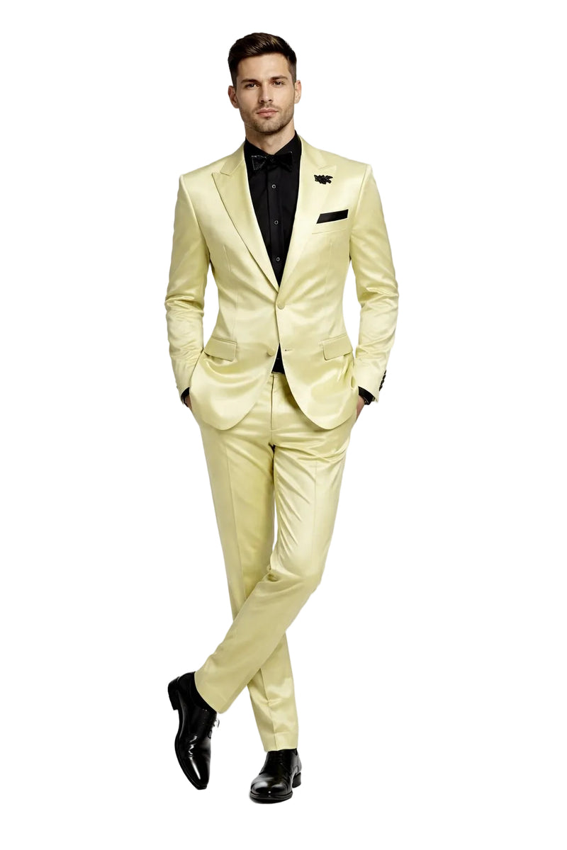 Mens Shiny Blazer - Ivory Sateen Vested Suit