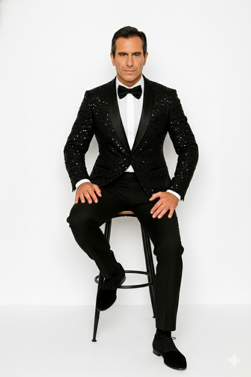 Men's Sharkskin Flashy Stage Shiny Sequin Paisley Blazer Dinner Jacket 1 Button Black Sport Coat Jacket