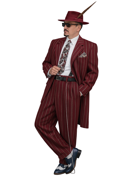 Burgundy Pinstripe Zoot Suit – 3 Piece 1920s/1930s Gangster Outfit (Jacket and Pants and Vest) Vintage Fashion