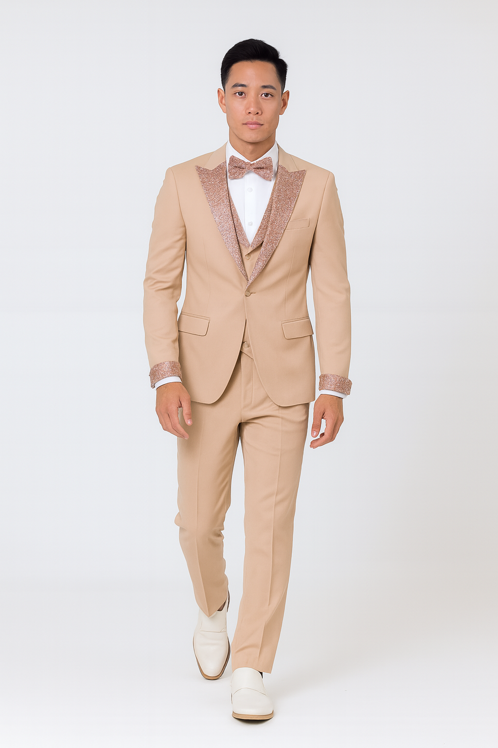 Mens Champagne Rose Gold Prom Tuxedo – Complete Four Piece Outfit Suit