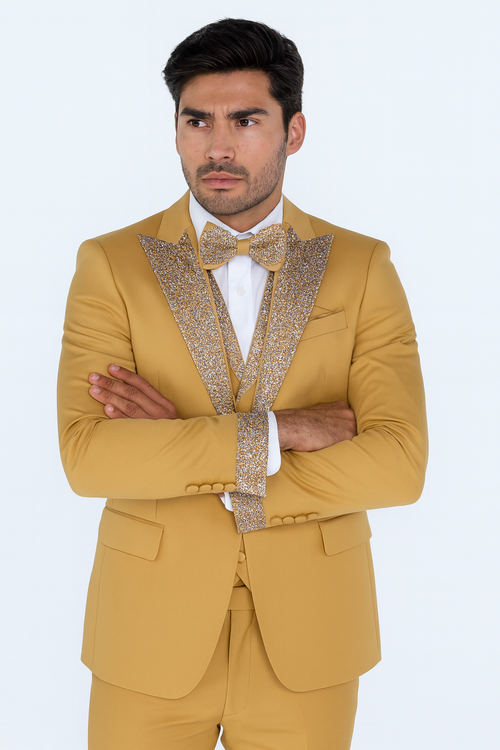 Alberto Nardoni men's champagne gold 4-piece tuxedo: Textured lapels, bowtie, and tailored pants. Features a white dress shirt and slim, modern fit. Perfect for prom or weddings.