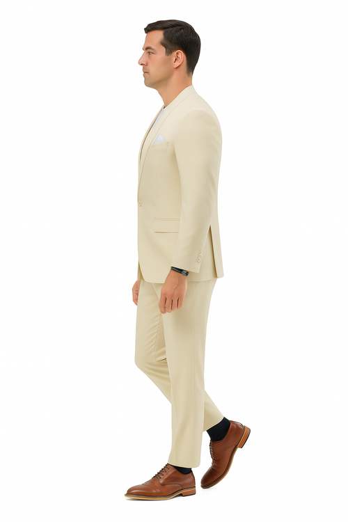 Men's linen suit in light tan. Relaxed hybrid fit, no collar. Single-button jacket with two pockets. Straight-leg trousers sit comfortably at the waist.