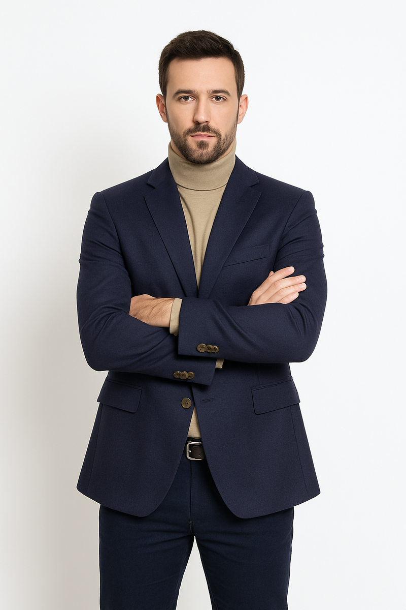 Navy cashmere jacket with two-button closure and notch lapels. Structured fit, two front pockets, and smooth texture. Deep, rich navy color.