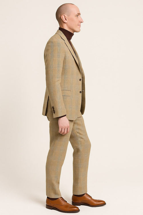 Men's beige plaid 3-piece suit: fitted blazer with notch lapel and two buttons, waistcoat, and straight-fit tailored trousers. Beige base with darker beige & light blue grid pattern. Cohesive plaid design.