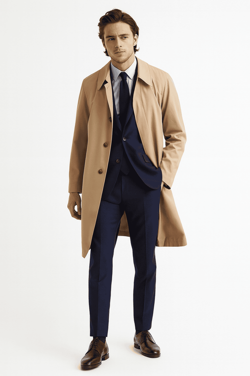 Beige trench coat with classic long overcoat design. Lightweight khaki material, button front, tailored fit, structured shoulders, and single-breasted.