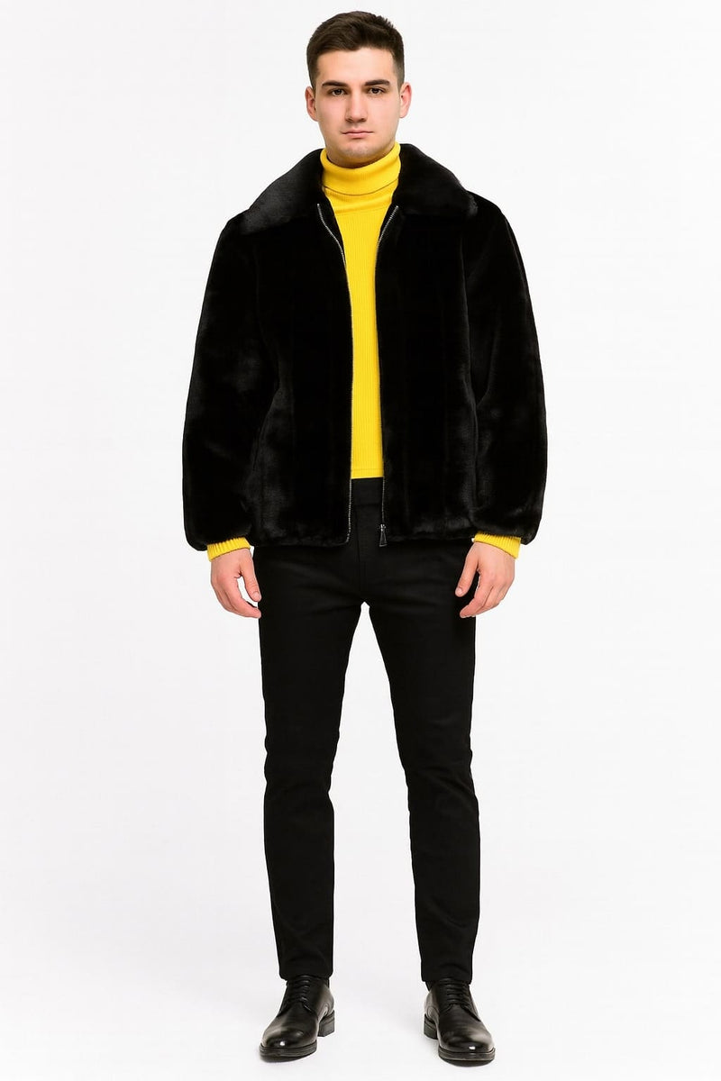 Men's black faux fur jacket with zip-up front. Plush finish, rounded collar, and loose, rounded silhouette. Features long sleeves.