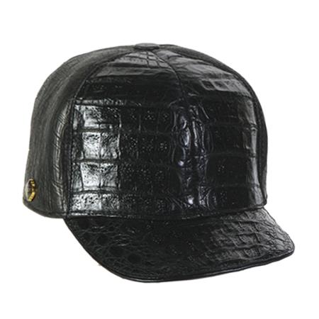 Black hornback leather cap. Structured with a curved brim. Textured, glossy surface. Crocodile skin pattern.