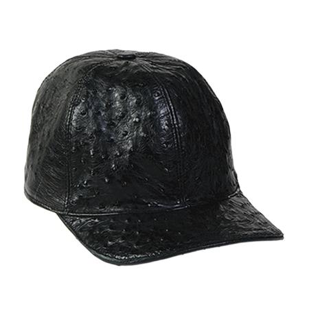 Black ostrich leather baseball cap. Rounded crown, stiff bill. Distinct textured pattern and visible seams characteristic of ostrich skin.