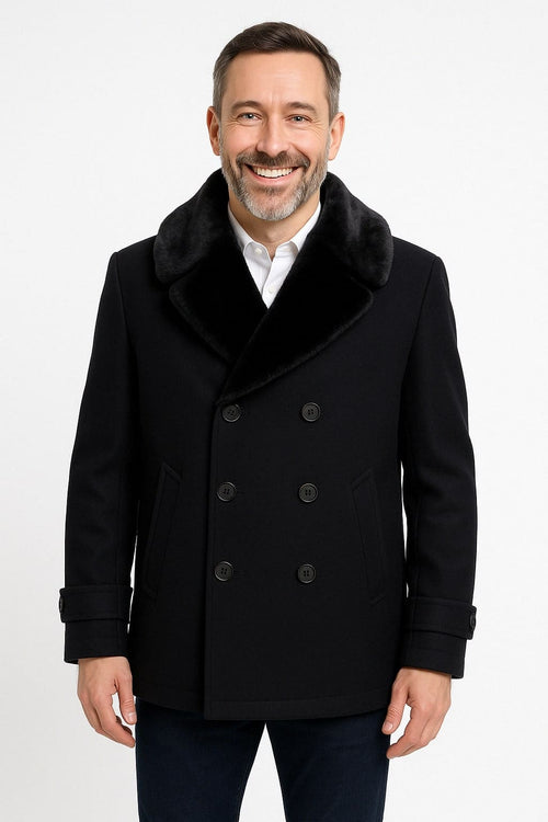 Mens Black Peacoat Wool Overcoat with Faux Fur Shawl Collar – Double-Breasted Winter Peacoat