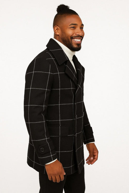 Mens Black Windowpane Check Wool Overcoat – Double-Breasted Winter Peacoat
