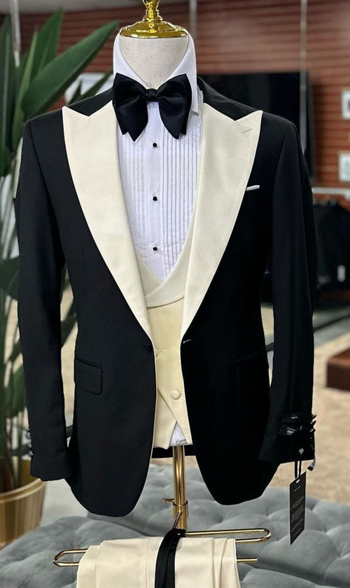 Mens Black and Ivory Tuxedo with Wide Shawl Lapel – 3 Piece Black and off White Lapel ! Vested Suit