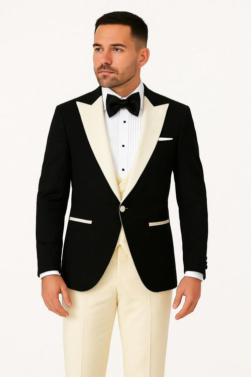 Mens Black and Ivory Tuxedo with Wide Shawl Lapel – 3 Piece Black and off White Lapel ! Vested Suit