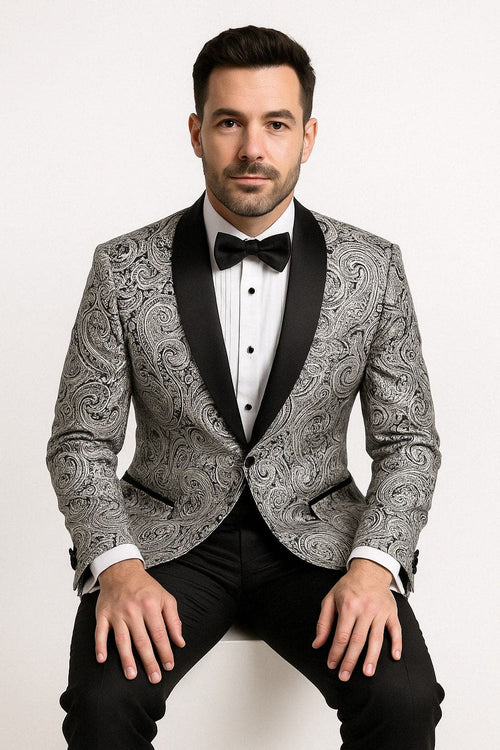 Mens Black and Silver Paisley Tuxedo with Satin Lapel and Bow Tie – Formal Party Suit