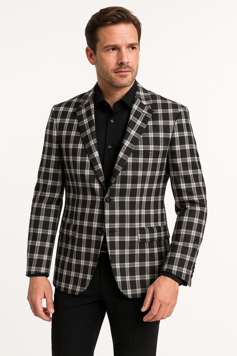 Alberto Nardoni men's black & white plaid blazer. Tailored fit, structured shape with classic black/white squares. Features two-button closure, notched lapels, and side pockets. Worn with a contrasting black shirt.