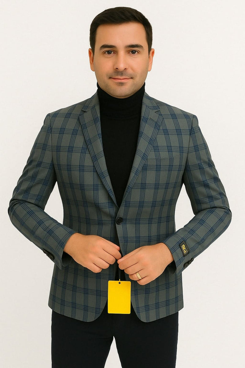 Men's blue & grey windowpane plaid blazer. Structured shape, single-button closure, notched lapel, long sleeves. Smooth blend fabric. Features visible cuff details and a yellow tag.