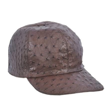 Brown ostrich leather baseball cap. Rounded crown, curved visor. Genuine leather with textured, raised bumps.