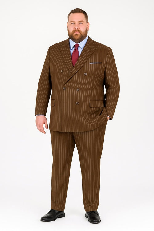 Men's brown pinstripe double-breasted suit with six buttons. Tailored fit, vertical stripes, and matching trousers. Paired with a light blue shirt, red tie, and black shoes. Classic and structured.