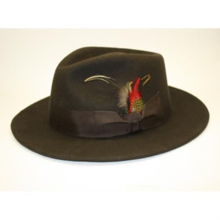Men's brown wool fedora hat with a rounded, pinched crown and wide brim. Features a dark brown band, feather, and green accent. Crafted from wool.