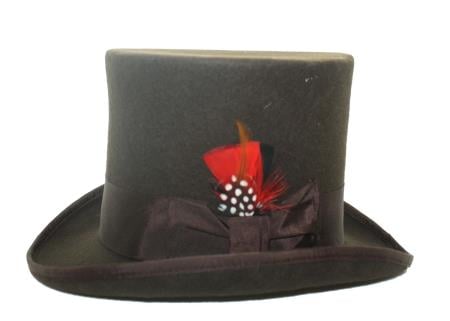 Brown felt top hat with tall crown and curved brim. Features a black ribbon band and a decorative feather accent (red, black, white). 100% premium quality.