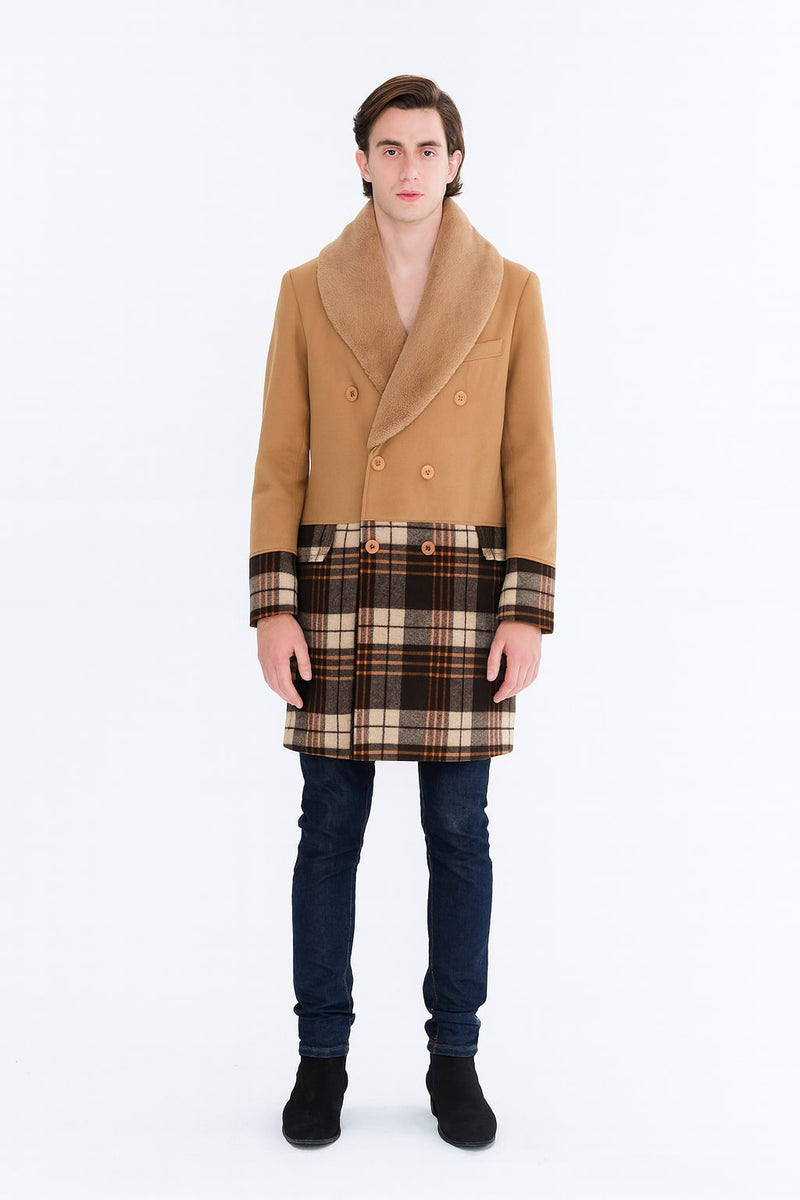 Men's camel brown overcoat with shawl collar and double-breasted front. Plaid wool bottom, fur collar, and button details on front and sleeves.