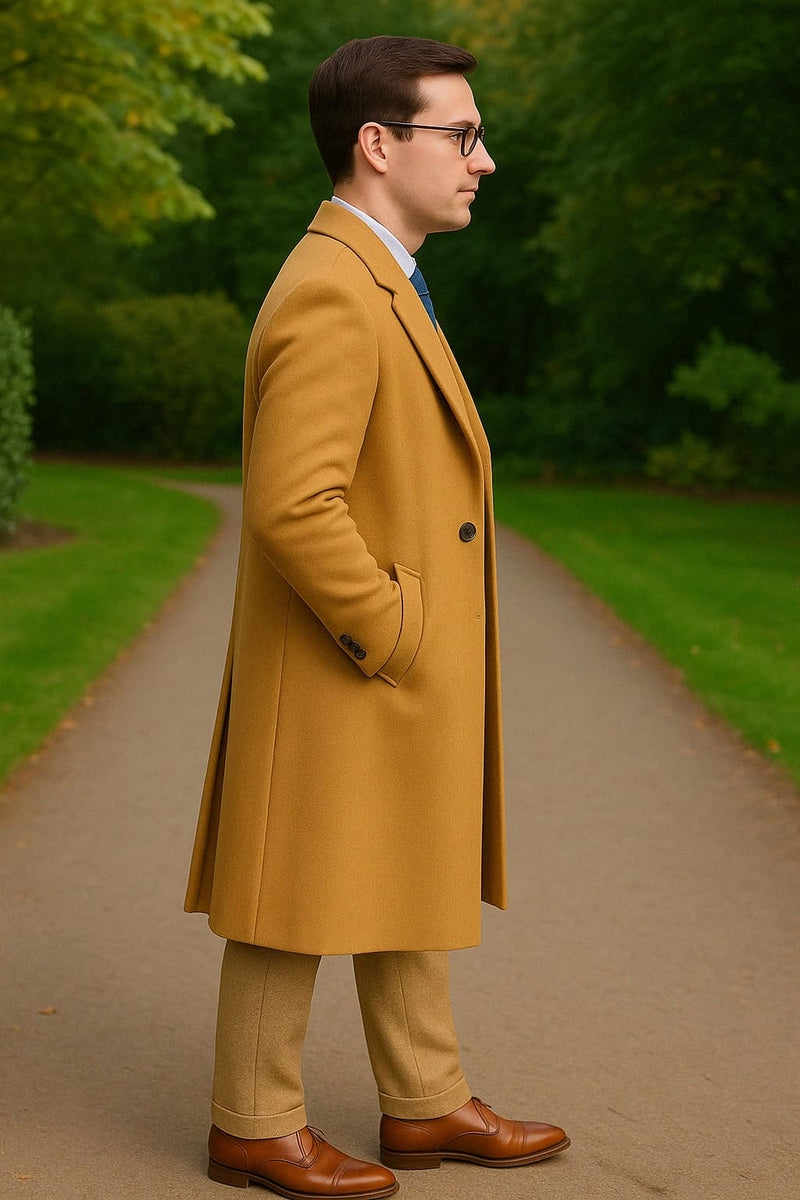 Great Gatbsy Package - Mens Camel Overcoat with Beige Tweed 3-Piece Suit Combo 4 Items Formal Winter Outfit