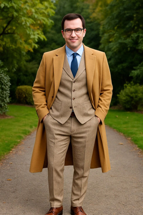 Great Gatbsy Package - Mens Camel Overcoat with Beige Tweed 3-Piece Suit Combo 4 Items Formal Winter Outfit
