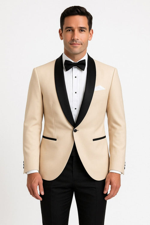 Mens Champagne Light Tan Tuxedo Jacket with Black Shawl Lapel – Classic One-Button Formal Dinner Jacket - Nude Color