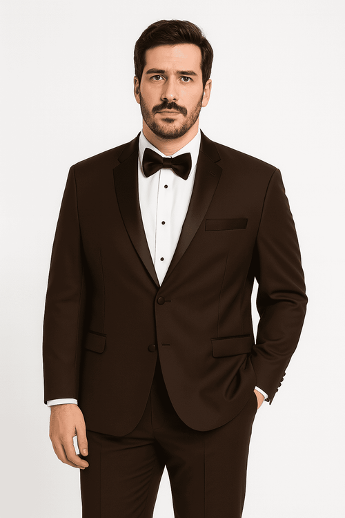 Mens Chocolate Brown Tuxedo with Black Satin Peak Lapel – Formal Wedding and Prom Suit