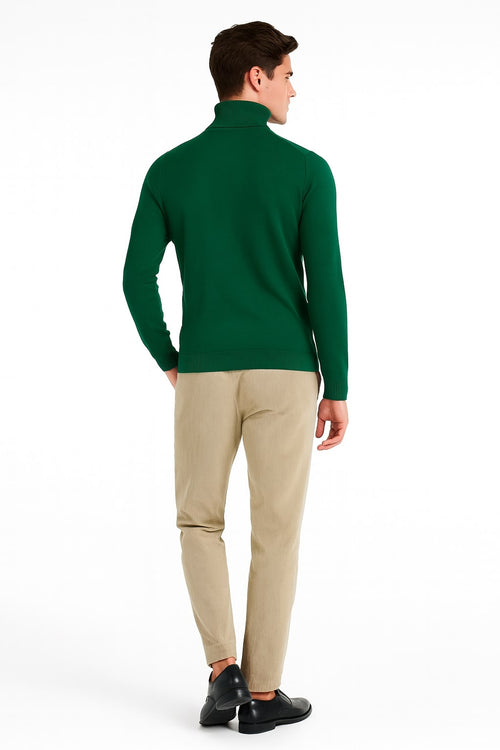 Men's emerald green turtleneck sweater. Classic slim fit, soft knit. High, folded collar and fitted sleeves. A timeless, versatile wardrobe staple.
