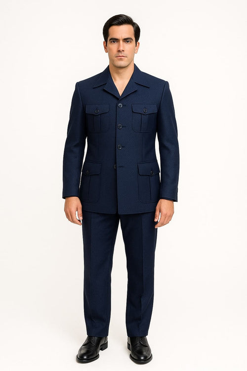 Mens Classic Navy Safari Suit with Utility Jacket and Coordinated Trousers