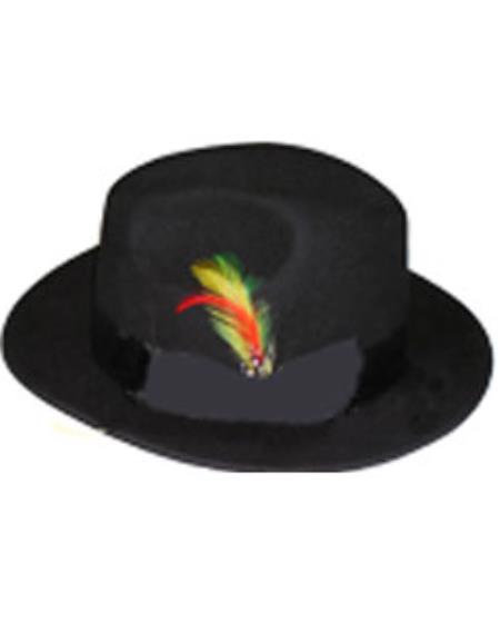Men's black wool fedora with rounded crown, wide brim. Features a colorful feather accent (green, yellow, red). Stylish and untouchable.