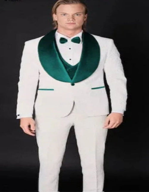 White and Teal Blue Lapel Suit with Vest and Pants – Wedding Groom Suit