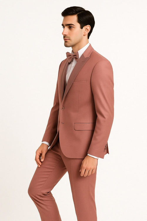 Mens Dusty Pink Three-Piece Slim Fit Tuxedo with Contrast Satin Lapel and Bow Tie