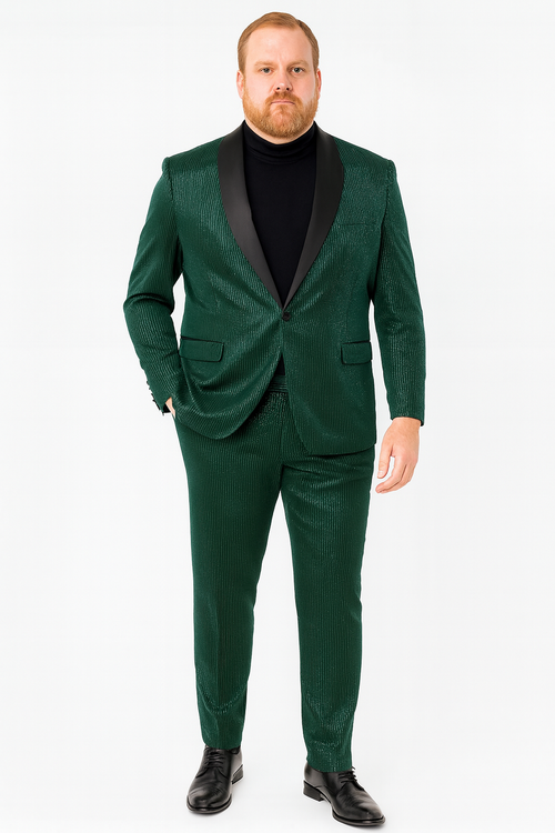 Men's emerald green tuxedo suit. Slim fit, 2-piece design with satin lapel jacket & ultra slim pants. Shiny, striped fabric. Perfect for formal events.