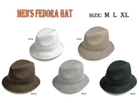 Stylish men's fedora hat in five colors (white, khaki, brown, silver, black). Soft crown, curved brim, and seamless design. Lightweight fabric construction.