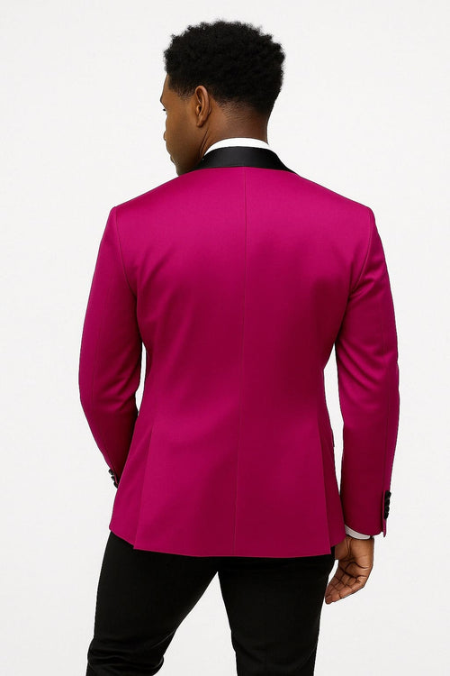 Mens Fuchsia Pink Satin Tuxedo Jacket with Black Peak Lapel – Bold Slim Fit Formal Suit