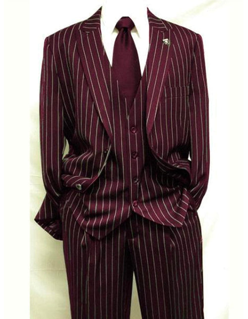 Mens 2 Button Vested 3 Piece Gangster Bold Pinstripe Suit Burgundy