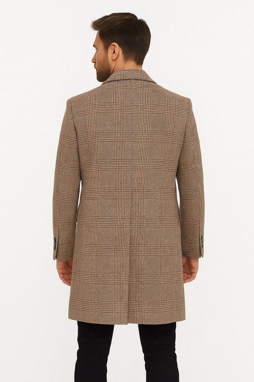 Mens Gray and Light Brown Glen Plaid Wool Overcoat – Double-Breasted Vintage Check OverCoat - Three Quarter Carcoat