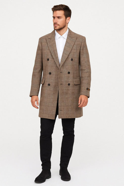Mens Gray and Light Brown Glen Plaid Wool Overcoat – Double-Breasted Vintage Check OverCoat - Three Quarter Carcoat